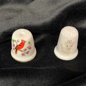 Porcelain Thimble Set with Cardinal Bird and Orange Cat Designs